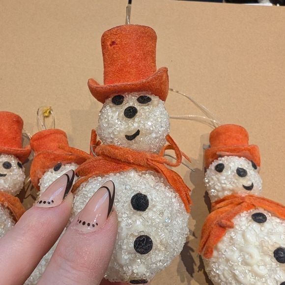 Vintage Handmade Christmas Festive Snowman Ornaments with Orange Hats - Picture 7 of 8